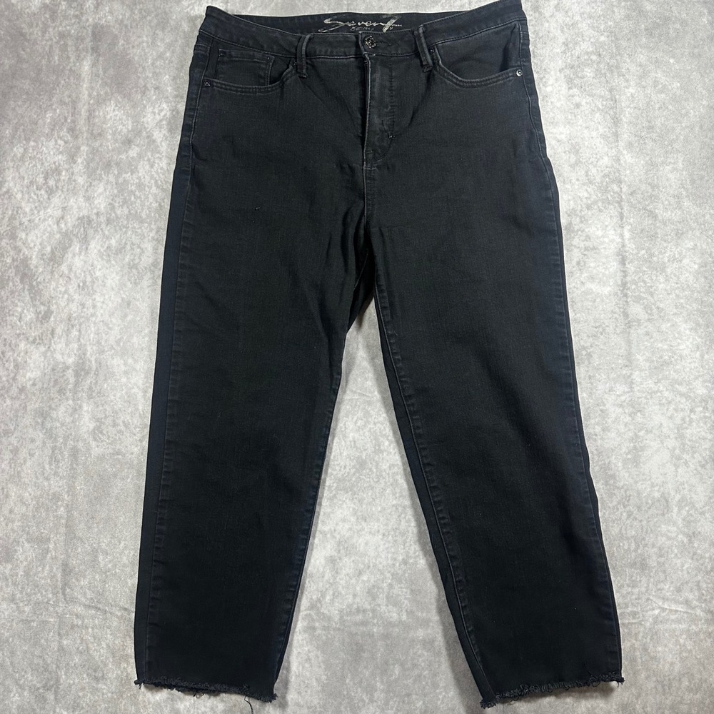 Seven7 Tower Straight Crop Jeans Black Raw Hem Denim Womens 12 Stretch Summer